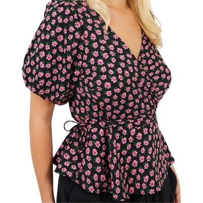 Brave Soul - Wickel-Oberteil für Damen, V-Ausschnitt, Puffärmel (Schwarz/Pink) Schwarz EU 40 / UK 12 Brave Soul - Wickel-Oberteil für Damen, V-Ausschnitt, Puffärmel (Schwarz/Pink) Schwarz EU 40 / UK 12