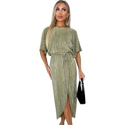 AX Paris - Midikleid für Damen, Stoffgürtel, Plissee, kurzärmlig (Helles Khaki) Khaki EU 36 / UK 8 AX Paris - Midikleid für Damen, Stoffgürtel, Plissee, kurzärmlig (Helles Khaki) Khaki EU 36 / UK 8
