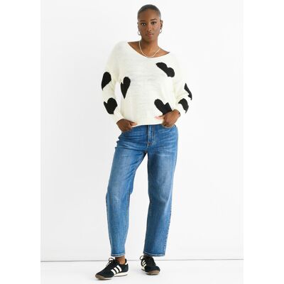 Gini London Weißer Pullover mit V-Ausschnitt und übergroßem Herzmuster Weiß S/M Gini London Weißer Pullover mit V-Ausschnitt und übergroßem Herzmuster Weiß S/M