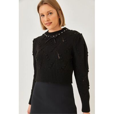 Bianco Lucci Strukturiertes Besticktes Rundhals Enges Crop Sweater Schwarz S/M Bianco Lucci Strukturiertes Besticktes Rundhals Enges Crop Sweater Schwarz S/M