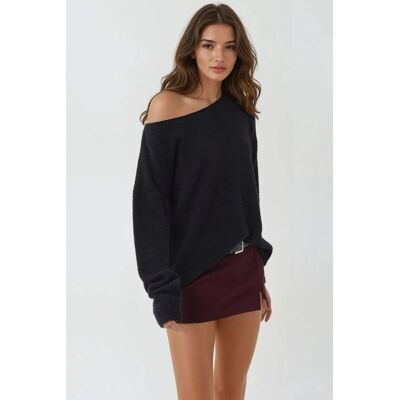 Hiccup Weicher Texturierter Bootsausschnitt Strickpullover Schwarz S/M Hiccup Weicher Texturierter Bootsausschnitt Strickpullover Schwarz S/M