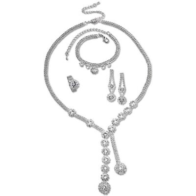 Steuer Modeschmuck Set Kette Ohrringe Armband Ring Metall glanz Strass weiß Silber Einheitsgröße Steuer Modeschmuck Set Kette Ohrringe Armband Ring Metall glanz Strass weiß Silber Einheitsgröße