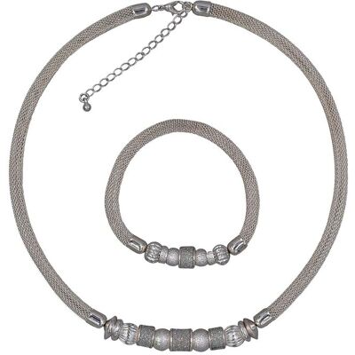 Steuer Modeschmuck Set Kette Armband Metall 48+7,0cm + 19,0cm Stretch Mesh Kugeln Metall Silber Einheitsgröße Steuer Modeschmuck Set Kette Armband Metall 48+7,0cm + 19,0cm Stretch Mesh Kugeln Metall Silber Einheitsgröße