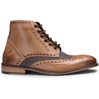 London Brogues Klassische Herren-Stiefeletten im Brogue-Stil aus braunem Oxford-Leder im Gatsby-Stil mit Tweed Bräunen EU 44.5 / UK 10 London Brogues Klassische Herren-Stiefeletten im Brogue-Stil aus braunem Oxford-Leder im Gatsby-Stil mit Tweed Bräunen EU 44.5 / UK 10