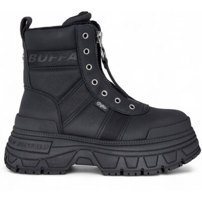 Buffalo Damen Schwarze Chunky Plateau-Kampfstiefel mit Frontreißverschluss - Fusion Schwarz EU 36 Buffalo Damen Schwarze Chunky Plateau-Kampfstiefel mit Frontreißverschluss - Fusion Schwarz EU 36