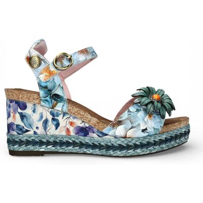 Laura Vita Damen-Espadrilles Facyo 75 aus blauem Leder mit Blumenmuster und Keilabsatz Blau EU40 Laura Vita Damen-Espadrilles Facyo 75 aus blauem Leder mit Blumenmuster und Keilabsatz Blau EU40