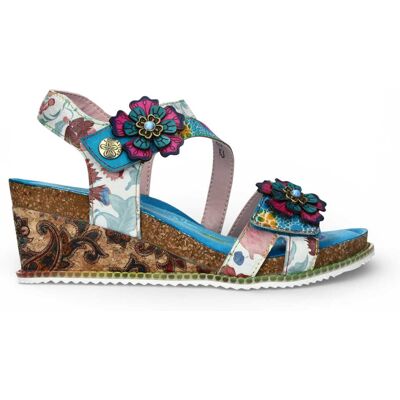 Laura Vita Damen-Espadrilles „Bonito 32“ aus türkisblauem Leder mit Blumenmuster und Keilabsatz Blau EU 38 Laura Vita Damen-Espadrilles „Bonito 32“ aus türkisblauem Leder mit Blumenmuster und Keilabsatz Blau EU 38