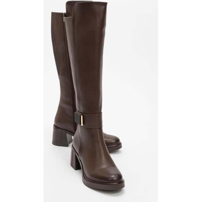 Prologue Moreni Elastischer Stiefel mit Schnalle, Blockabsatz & kniehohem Schaft Braun EU 37 Prologue Moreni Elastischer Stiefel mit Schnalle, Blockabsatz & kniehohem Schaft Braun EU 37