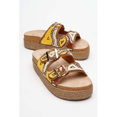 Prologue Bobby Beaded Straw Plateau Slide Sandale Gelb EU40 Prologue Bobby Beaded Straw Plateau Slide Sandale Gelb EU40