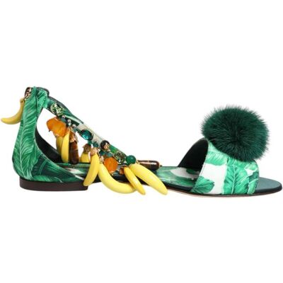 Dolce & Gabbana Grüne Nerz-Fell-Satin-Bananenblatt-Sandalen Schuhe Grün EU 36 Dolce & Gabbana Grüne Nerz-Fell-Satin-Bananenblatt-Sandalen Schuhe Grün EU 36