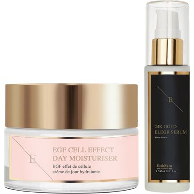 Erth Skin London Anti-rimpel Elixir Serum 24k Goud 60ml + EGF Cell Effect Day Moisturiser 50ml - Hautpflegeset Erth Skin London Anti-rimpel Elixir Serum 24k Goud 60ml + EGF Cell Effect Day Moisturiser 50ml - Hautpflegeset