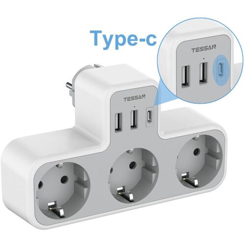TESSAN Mehrfachsteckdose mit 3 AC-Steckdosen und 3 USB-Anschlüssen, 6-in-1-USB-Adapter mit Überlastungsschutz für Smartphone, Tablet 3 Outlets 2 USB 1 Type C graue