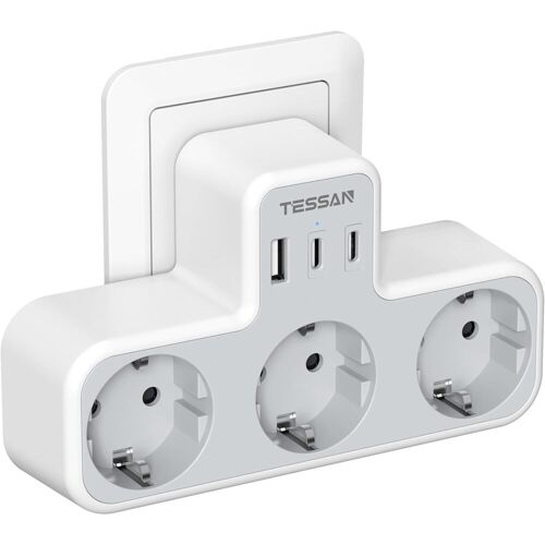 TESSAN Mehrfachsteckdose mit 3 AC-Steckdosen und 3 USB-Anschlüssen, 6-in-1-USB-Adapter mit Überlastungsschutz für Smartphone, Tablet 3 Outlets 1 USB 2 Type C graue