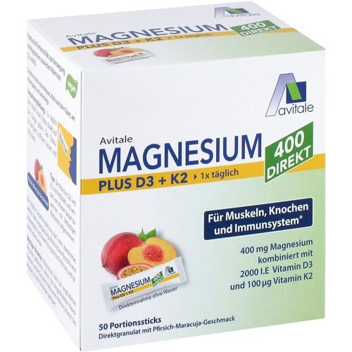 Avitale Magnesium 400+D3+K2 Direktsticks Pfirsich-Maracuja-Geschmack