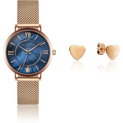 Damenuhr und Ohrringe Amelia Parker Petite Blue Gold 32 mm Femme Damenuhr und Ohrringe Amelia Parker Petite Blue Gold 32 mm Femme