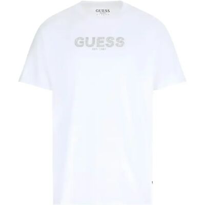 Basic T-Shirt mit gesticktem Logo Guess Blanc L Homme Basic T-Shirt mit gesticktem Logo Guess Blanc L Homme