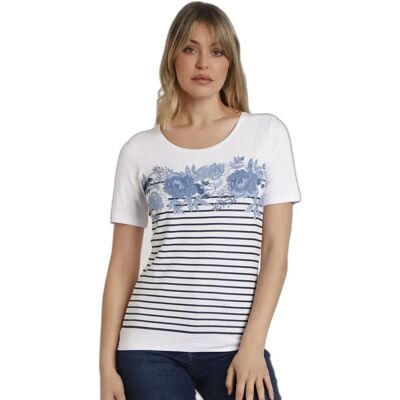Streifen-Blumen-T-Shirt für Frauen Admas Blanc M Femme Streifen-Blumen-T-Shirt für Frauen Admas Blanc M Femme