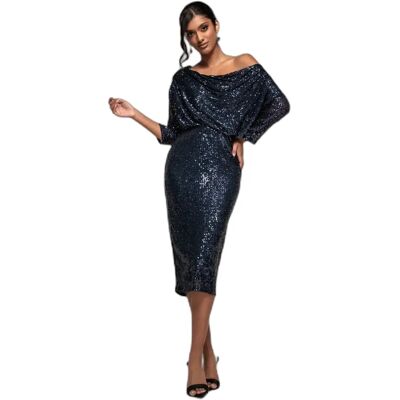 Midi Kleid mit Pailletten und Tahitikragen Damen Goddiva Bleu 38 Femme Midi Kleid mit Pailletten und Tahitikragen Damen Goddiva Bleu 38 Femme