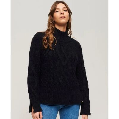 Pullover mit Zopfmuster und Stehkragen, Damen Superdry Bleu XS Femme Pullover mit Zopfmuster und Stehkragen, Damen Superdry Bleu XS Femme