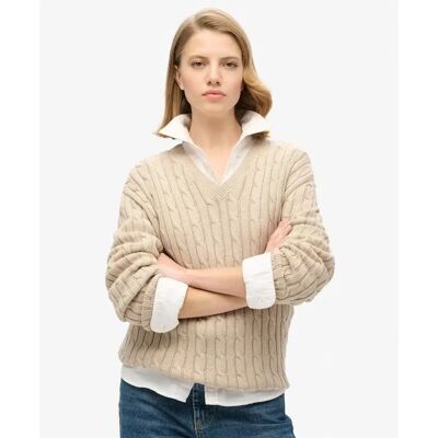 Oversize-gezopfter Pullover mit V-Ausschnitt für Damen Superdry Beige S/M Femme Oversize-gezopfter Pullover mit V-Ausschnitt für Damen Superdry Beige S/M Femme