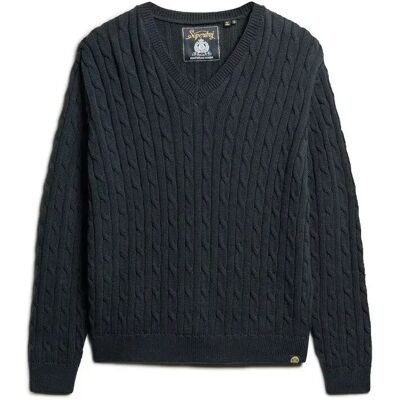 Oversize-gezopfter Pullover mit V-Ausschnitt für Damen Superdry Bleu L/XL Femme Oversize-gezopfter Pullover mit V-Ausschnitt für Damen Superdry Bleu L/XL Femme