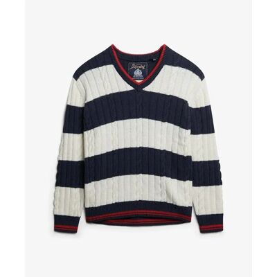 Oversized, gedrehter und gestreifter V-Ausschnitt-Pullover für Damen Superdry Bleu M Femme Oversized, gedrehter und gestreifter V-Ausschnitt-Pullover für Damen Superdry Bleu M Femme