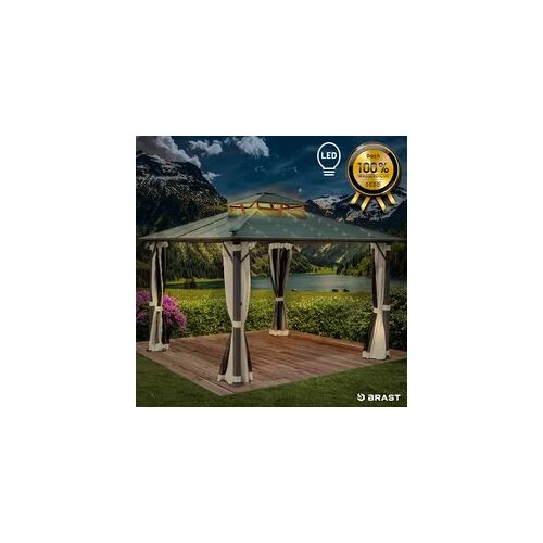 BRAST Alu Pavillon PAGODE 3,5x3,5m beige mit Moskitonetz & LED-Beleuchtung