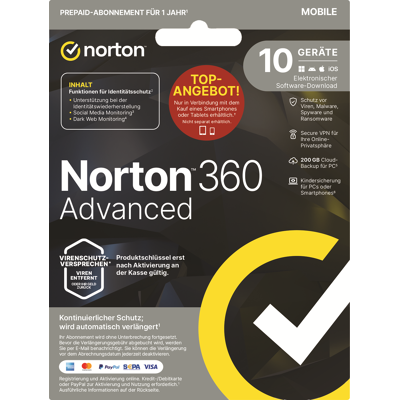 Norton 360 Advanced Attach 10 Geräte 1 Jahr - Smartphone Version Norton 360 Advanced Attach 10 Geräte 1 Jahr - Smartphone Version