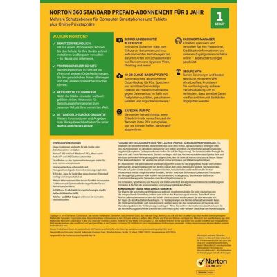 Norton LifeLock 360 Standard 1 Gerät 1 Jahr 10 GB Cloud-Backup für PC Norton LifeLock 360 Standard 1 Gerät 1 Jahr 10 GB Cloud-Backup für PC
