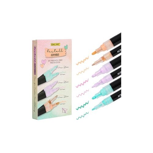 ONLINE® Pastell Lettering Acrylstifte-Set farbsortiert 0,7 + 3,0 mm, 6 St.