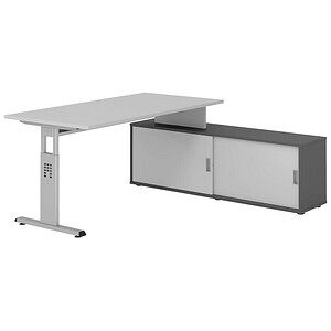 HAMMERBACHER OSE16SB höhenverstellbarer Schreibtisch lichtgrau rechteckig, T-Fuß-Gestell silber 160,0 x 80,0 cm HAMMERBACHER OSE16SB höhenverstellbarer Schreibtisch lichtgrau rechteckig, T-Fuß-Gestell silber 160,0 x 80,0 cm