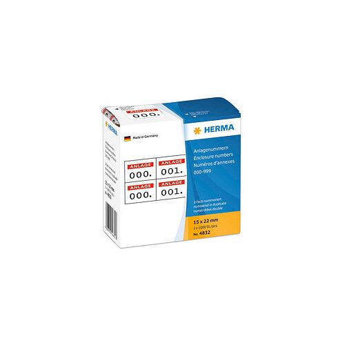 HERMA Klebenummern 4832 Zahlen, weiß/rot 15,0 x 22,0 mm, 2x1.000 Etiketten