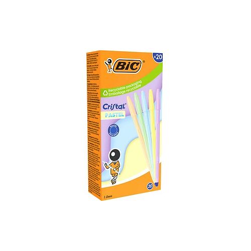 BIC Kugelschreiber Cristal PASTEL pastellorange, pastellgrün, pastellblau, pastellgelb, pastellrosa, Schreibfarbe: blau, 20 St.