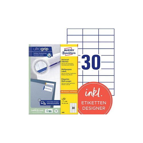 3.000 AVERY Zweckform Etiketten 3489 weiß 70,0 x 29,7 mm