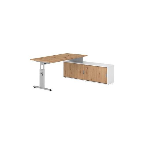 HAMMERBACHER OSE16SB höhenverstellbarer Schreibtisch asteiche rechteckig, T-Fuß-Gestell silber 160,0 x 80,0 cm