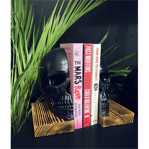 Horror-Shop Totenschädel Buchstützen mit Holzsockel