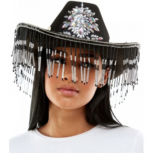 Horror-Shop Schwarzer Deluxe Cowboyhut mit Schmucksteinen