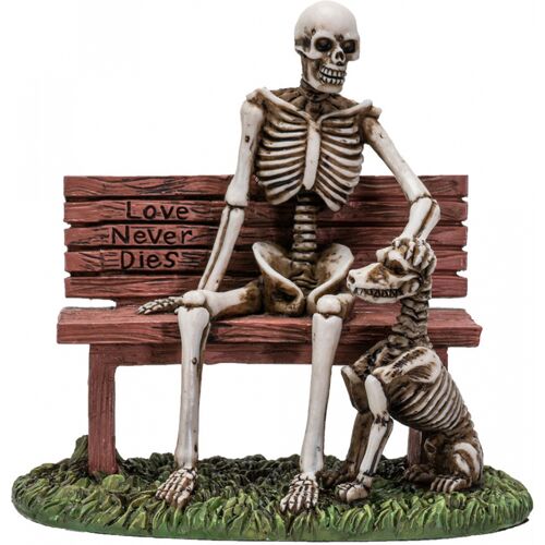 Horror-Shop Skelett Figur auf Parkbank mit Hund 12cm