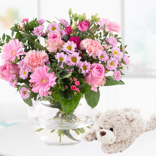 blumenshop.de Blumenstrauß + Teddybär zur Geburt eines Mädchens