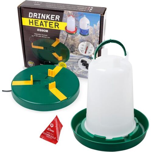 Komplettset: Tränkenwärmer Ø20cm + Geflügeltränke 1,5 Liter + Vitam...