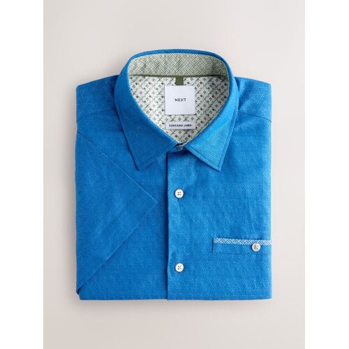 Next Blue Slim Fit Cotton Linen Blend Short Sleeve Trimmed Shirt XX-Large herren