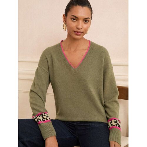 Love & Roses Love & Roses Khaki Animal Stripe Print V-Neck Cosy Knit Jumper damen