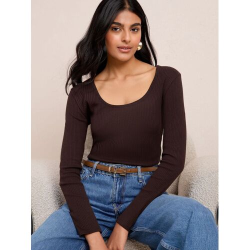 Friends Like These Friends Like These Brown Long Sleeve Rib Scoop Neck Top damen