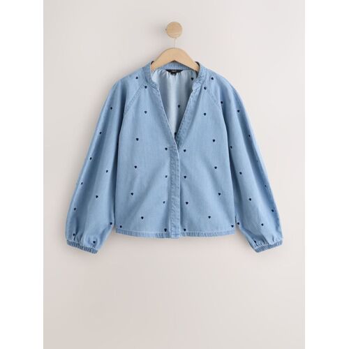 Next Navy Blue Heart Heart Embroidered V-Neck Puff Sleeve Denim Blouse EU 40 (UK 12) damen