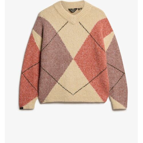 Superdry Superdry Cream Oversized Argyle V-Neck Jumper damen