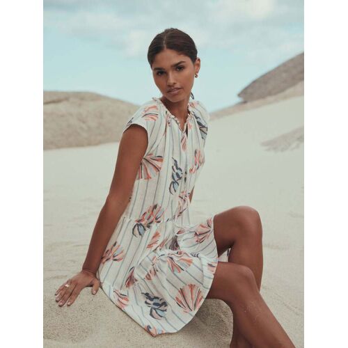 Next Ecru Shell Print V-Neck Tiered Mini Dress with Linen EU 40 Tall (UK 12 T) damen