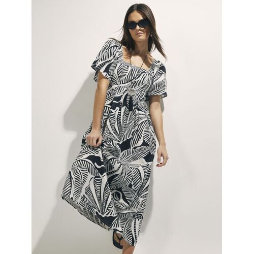 River Island River Island Black Palm Print Puff Sleeve Shirred Midi Dress L (EU 44-46) damen