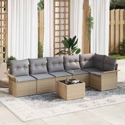 vidaXL Garten-Sofa-Set mit Kissen mit Speicher 7 pcs Beige Poly Rattan Beige vidaXL Garten-Sofa-Set mit Kissen mit Speicher 7 pcs Beige Poly Rattan Beige