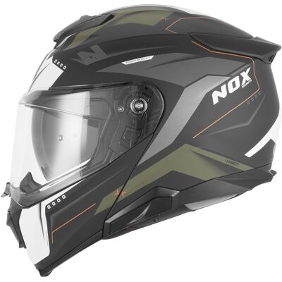 Klappbarer Motorradhelm NOX N967 Conquer, matt schwarz-khaki-orange Größe: L Klappbarer Motorradhelm NOX N967 Conquer, matt schwarz-khaki-orange Größe: L