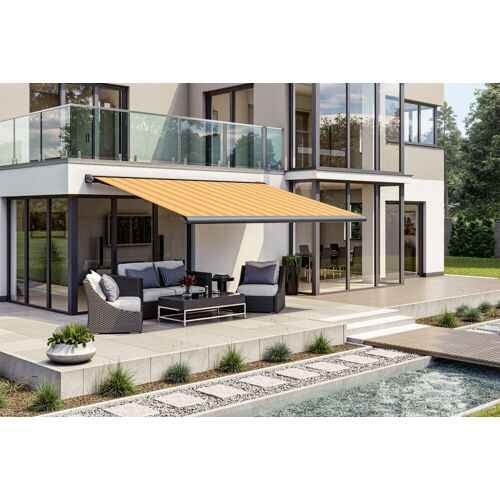 Wismar Kassettenmarkise S-Compact gelb-orange gestreift inkl. Motor, Aufputzschalter